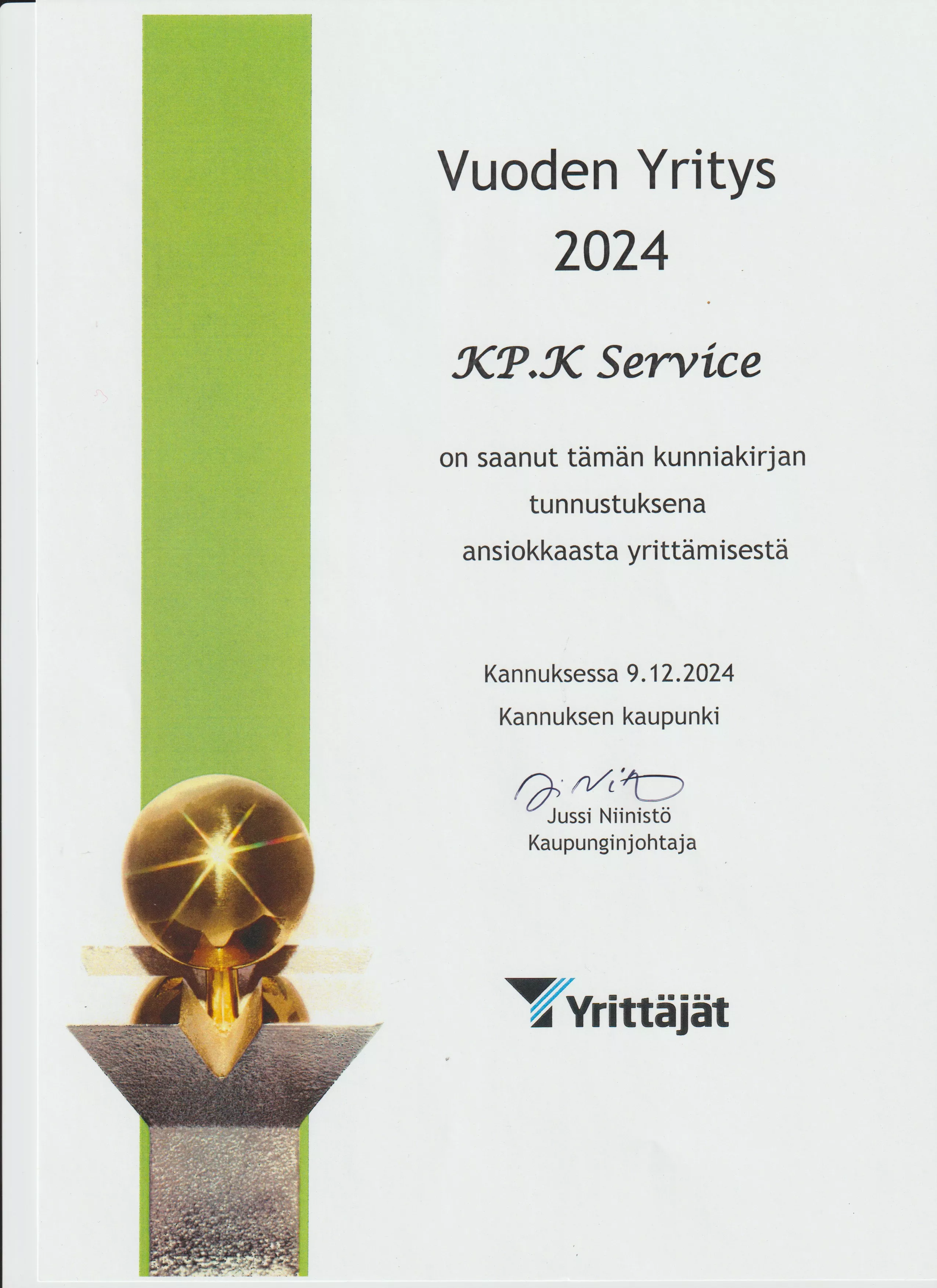 Vuoden yritys 2024, KpK Service Kannus, Kp.Koneurakointia, ansiokas yrittäminen